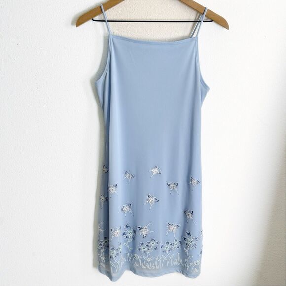 Vtg Y2K 90s Fairy Slip Dress Womens Large Baby Blue‎ Butterfly Sparkly Festival - Picture 1 of 16